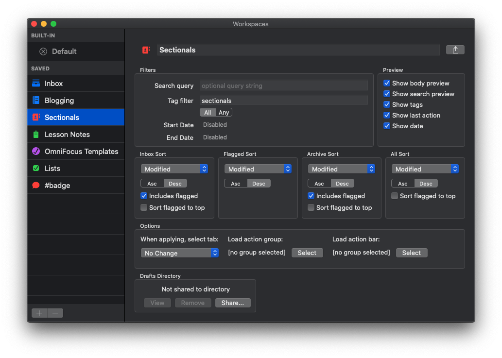 Here is how I have set up my Sectionals Workspace to include drafts with the "sectionals" tag.